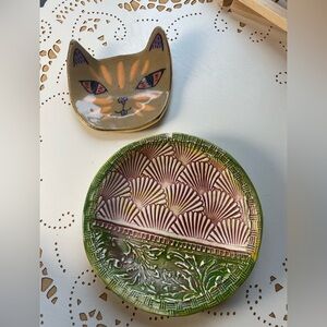 Artistic Cat Face and Green Decorative Dish Set Trinket Dish